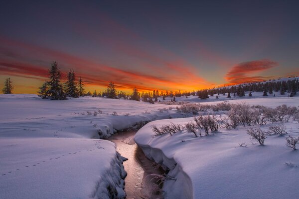 Schmaler Fluss im Winter bei Sonnenaufgang