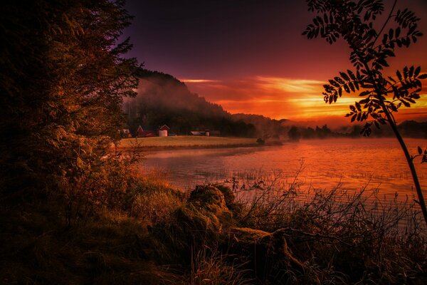 La Norvegia follemente bella con un tramonto incredibile e la natura intorno al fiume