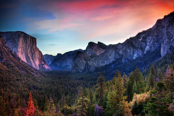 A valley of magical beauty with amazing shades of rocks and a multicolored forest in the foreground with a blue-red sky