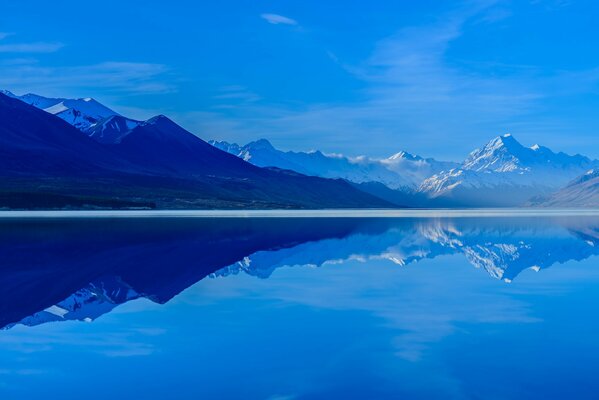 Отражение гор и неба в озере Пукаки