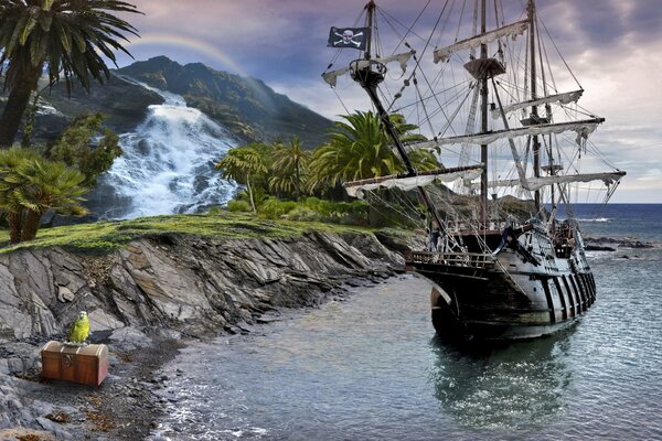 Пиратский корабль на берегу у водопада