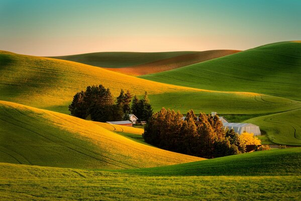 Elegante vista de la granja en medio de los campos