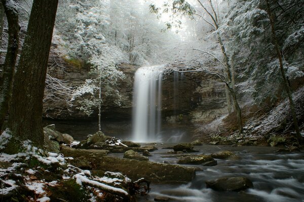 Winterwald mit einer Flut von Wasserfällen im Fluss