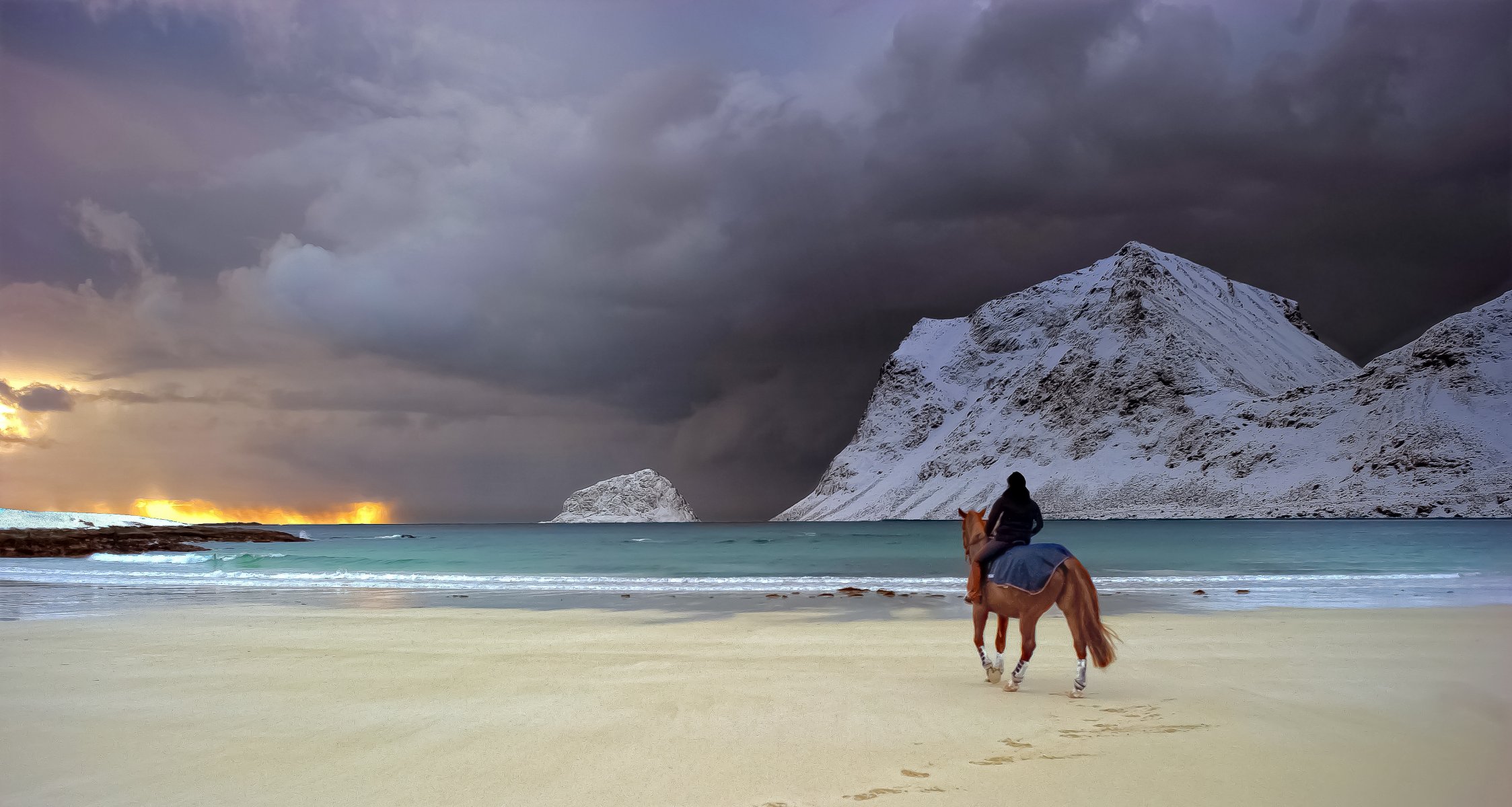 meer berge schnee sand ufer regen wolken mädchen pferd brandung