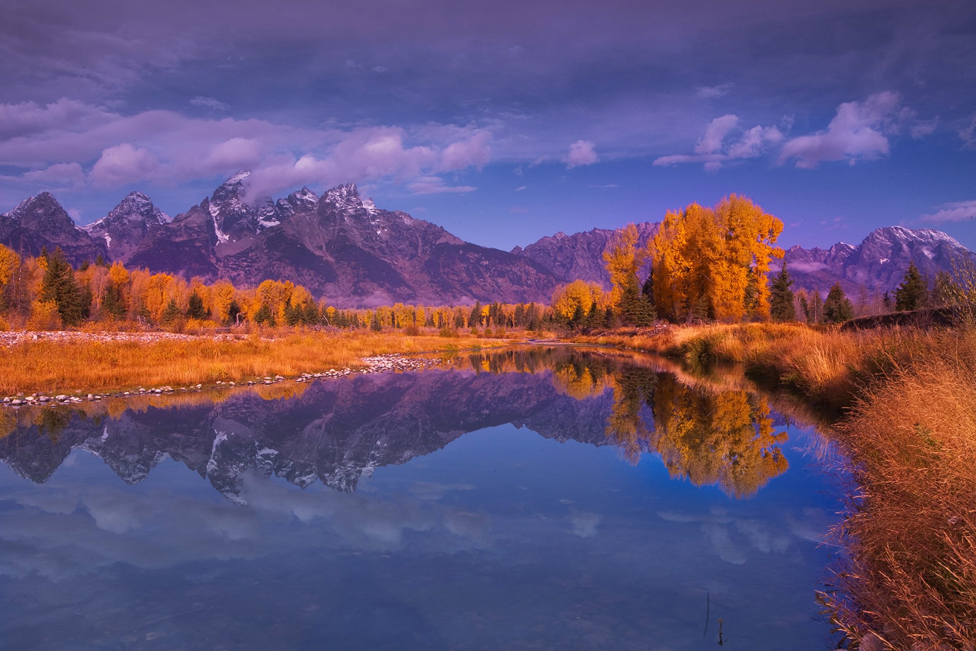 ciel montagnes lac forêt arbres automne réflexion