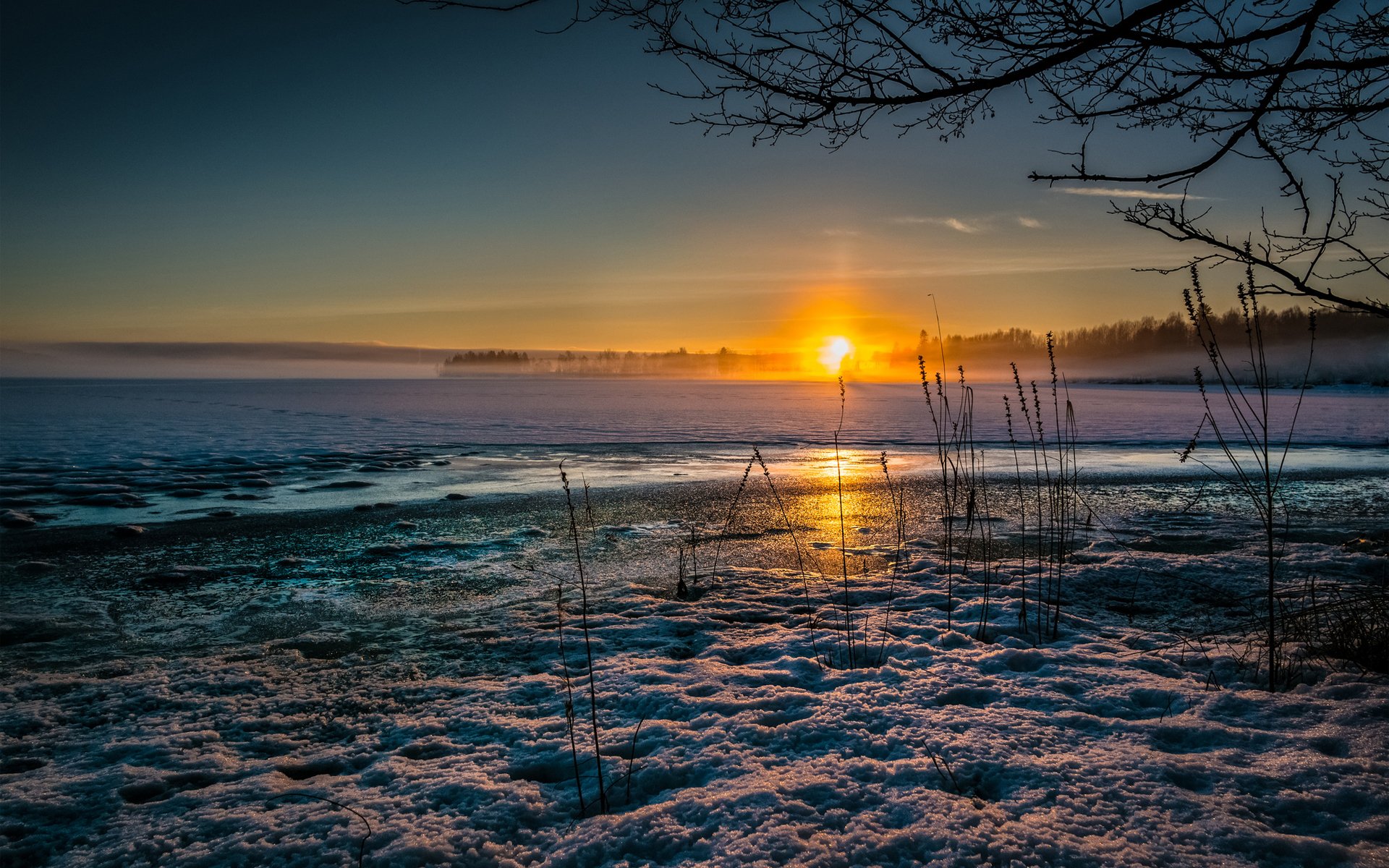 puesta de sol sol frío nieve invierno hierba seco hielo lago