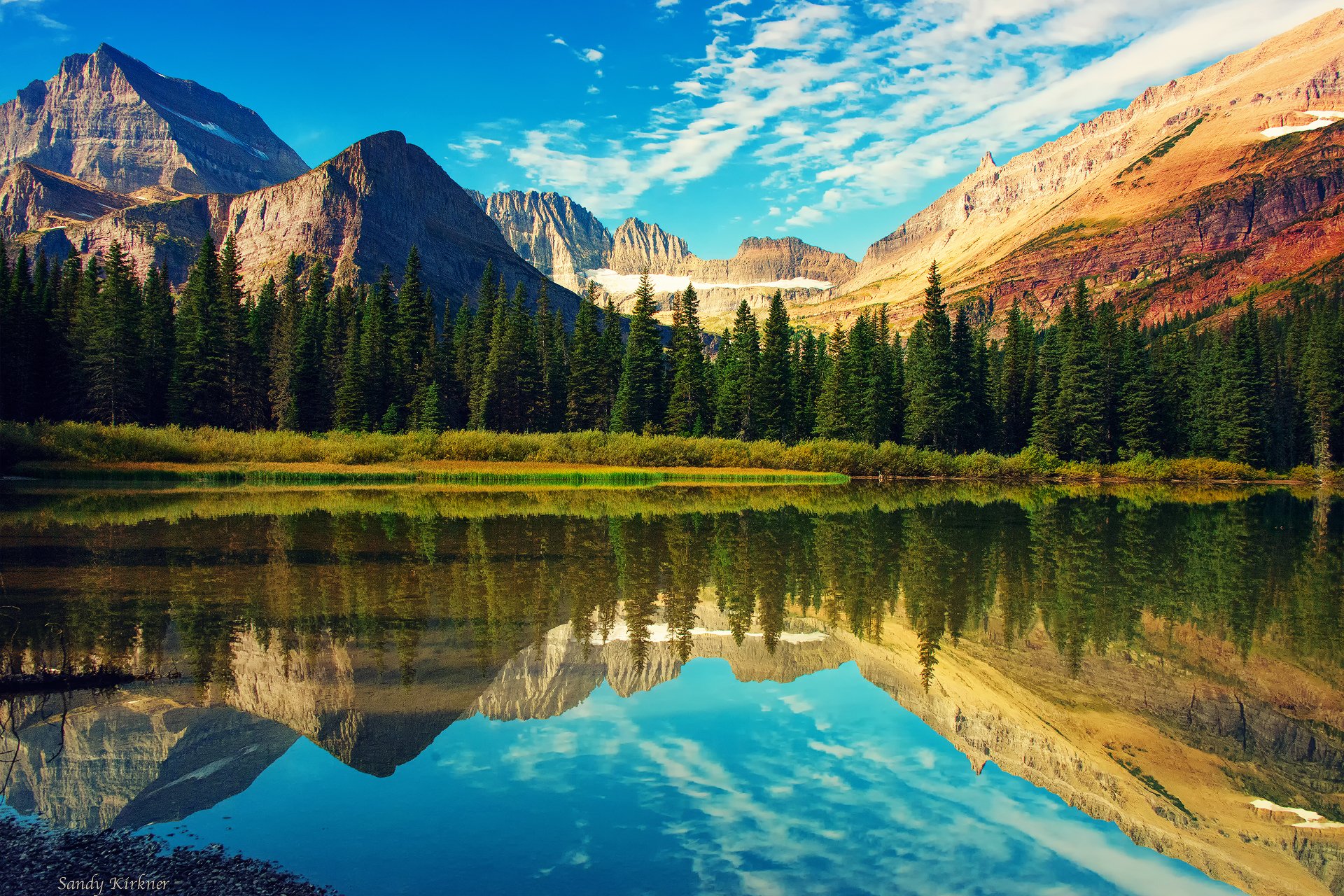 rocky mountains glacier national park mount grinnell lake forest sky reflection