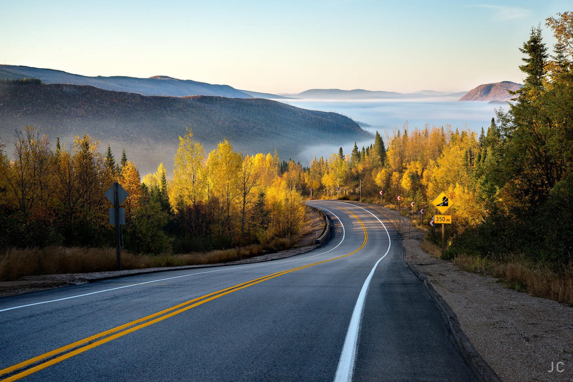 road mountain forest nature haze autumn