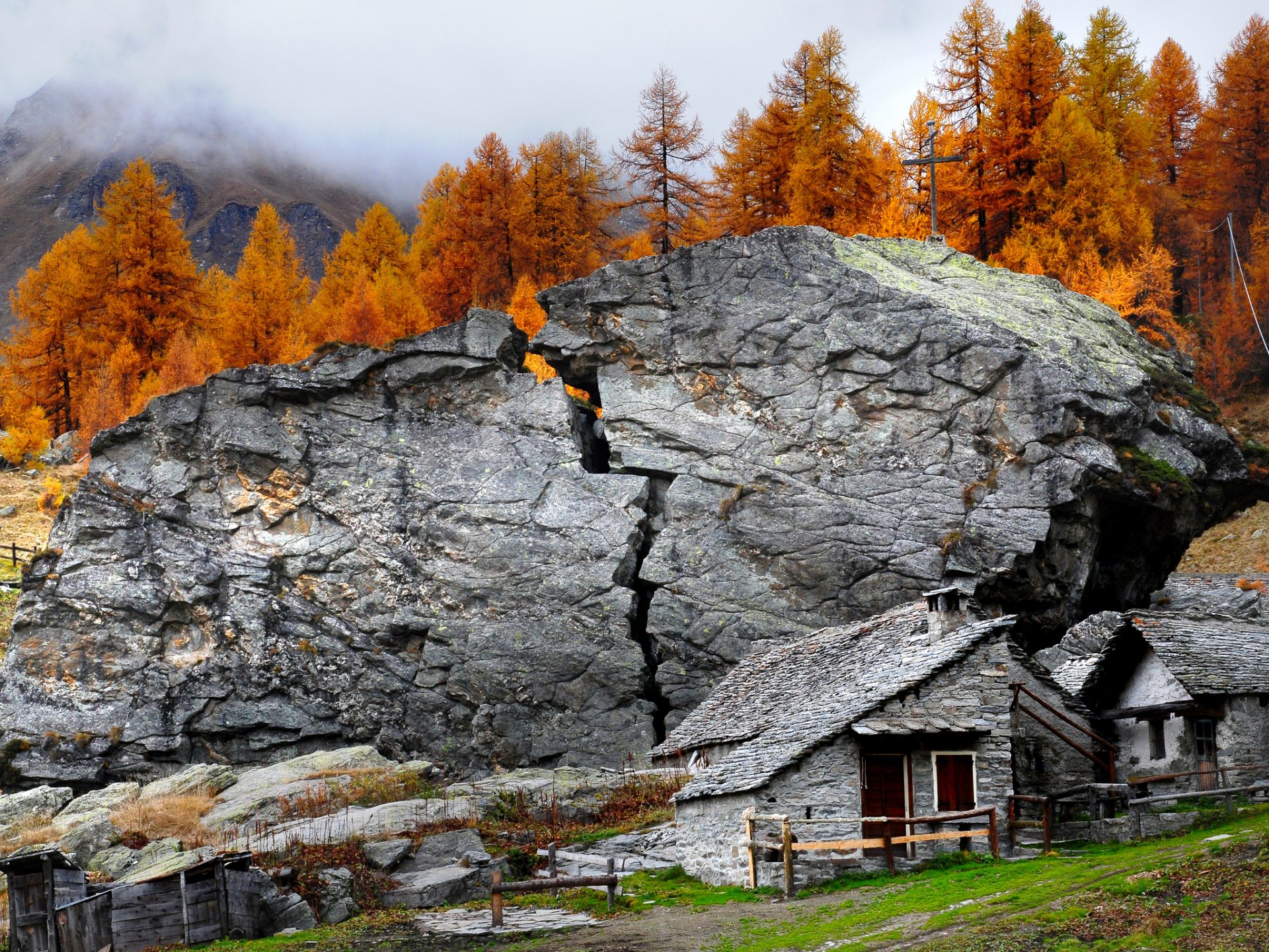 nature mountain alps forest stone split rock house