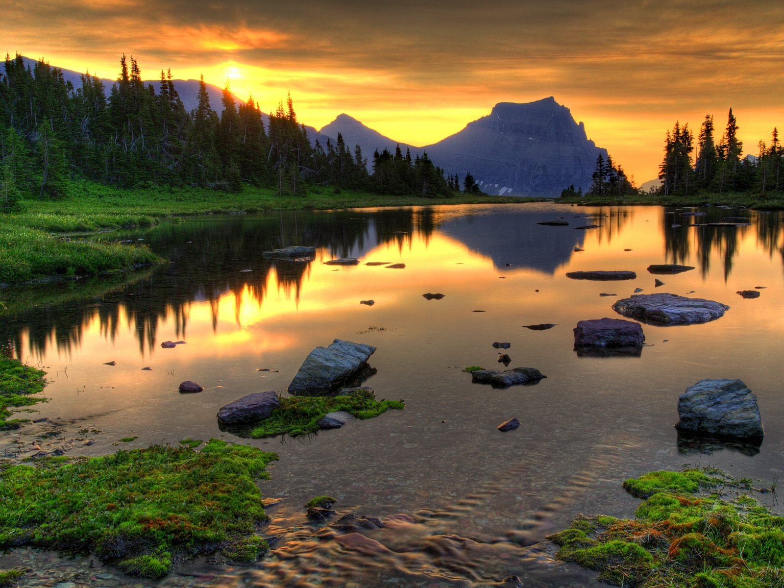 unset mountain forest lake stone