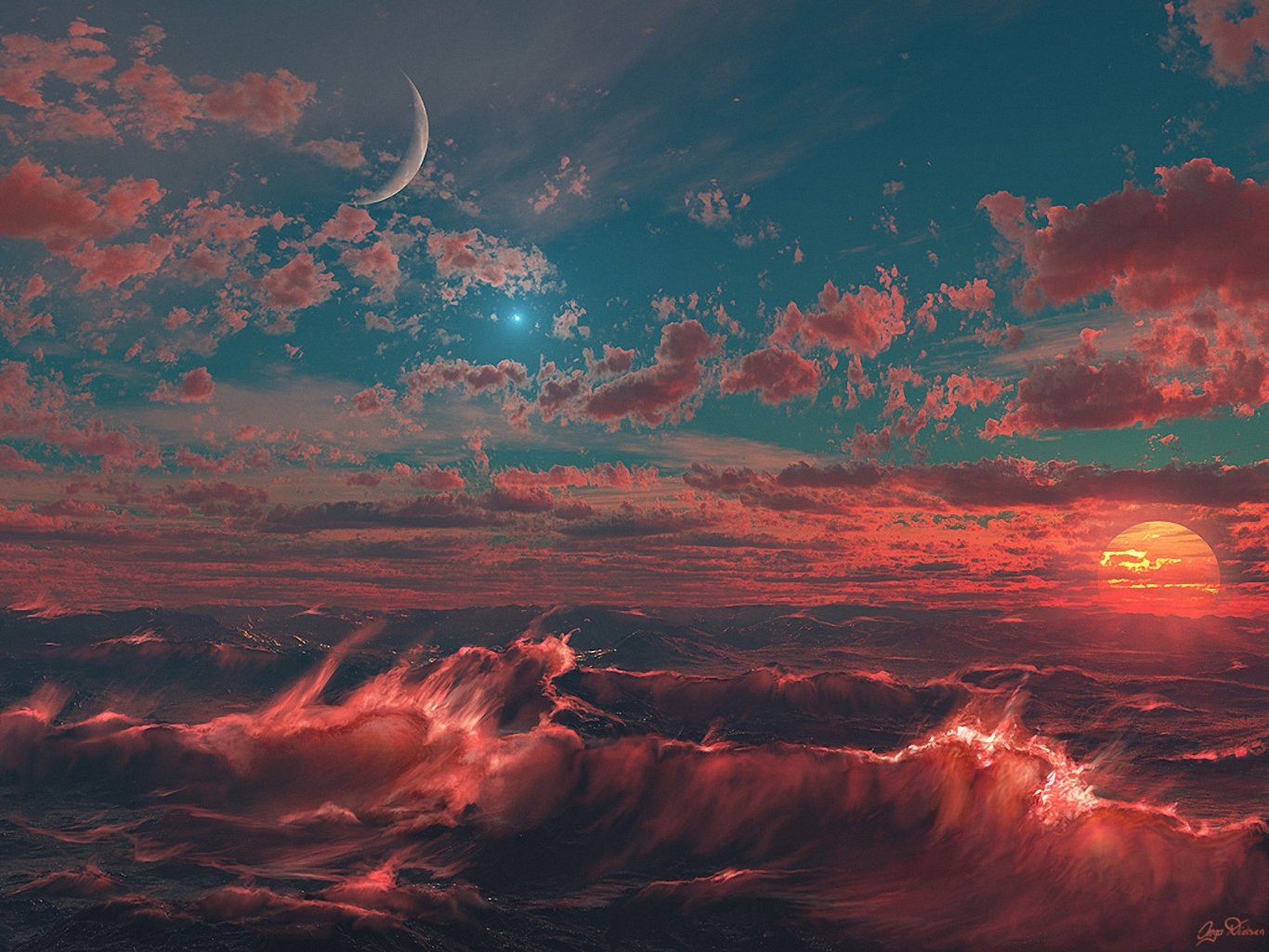 vagues soleil lune rouge