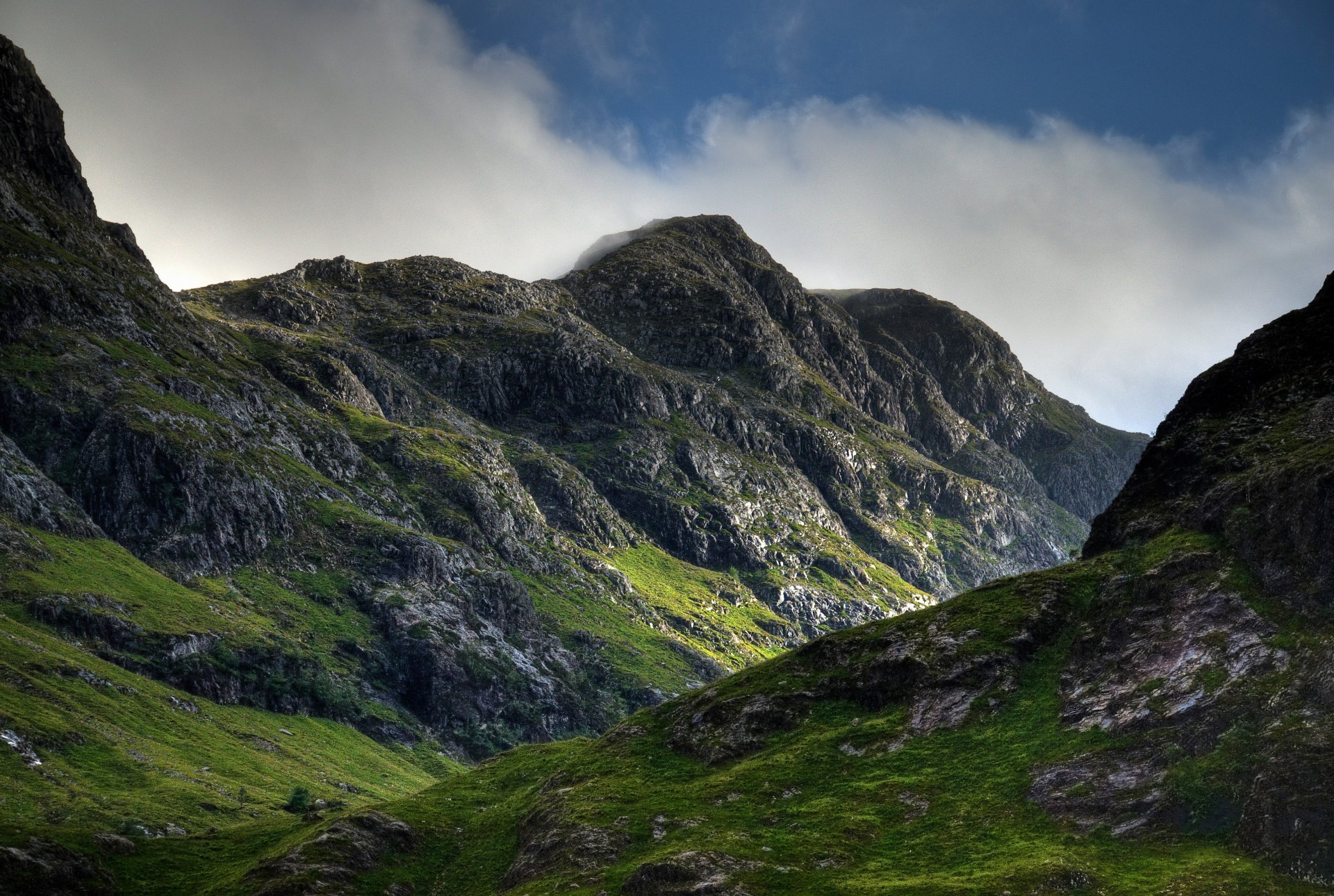 cotland mountain stones sky clouds peak