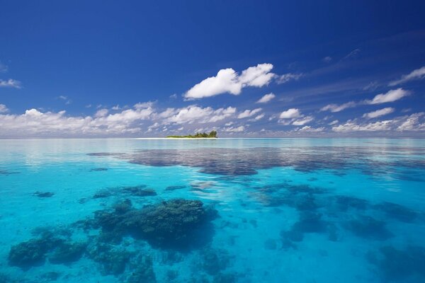 Un vasto océano azul y una isla en la distancia