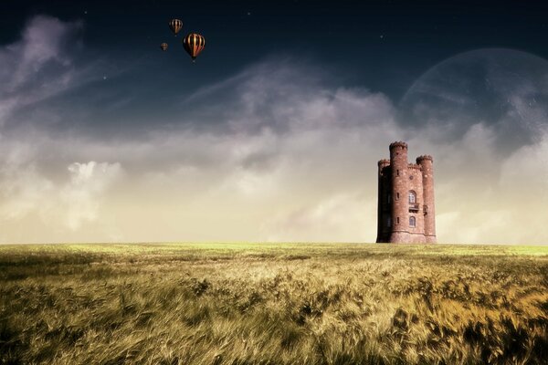 Fantasy landscape with balloons and a castle