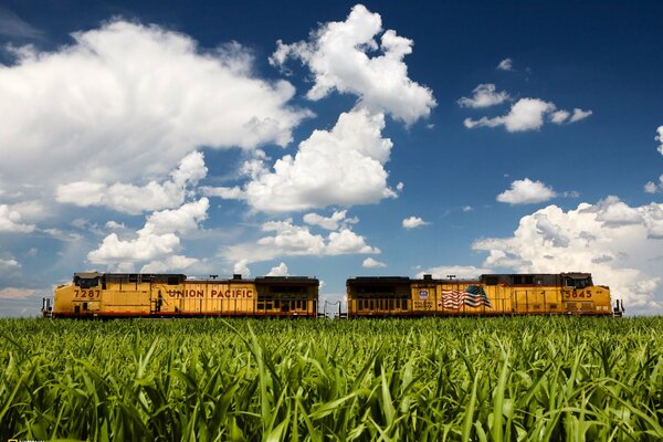 Diesel locomotive with an image of the American flag on a grass background