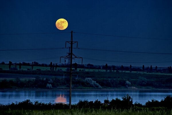 Línea eléctrica de alto voltaje junto al río