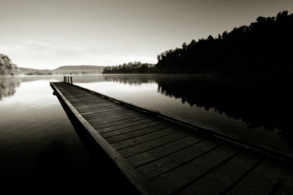 Black and white photo of a long bridge over calm water near the forest