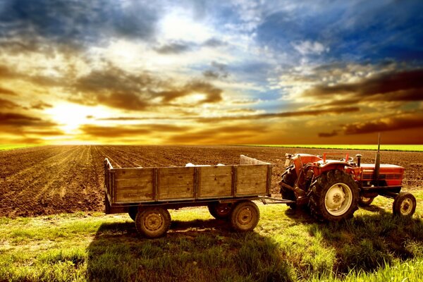 Tractor with cart in the field against the background of the rising sun