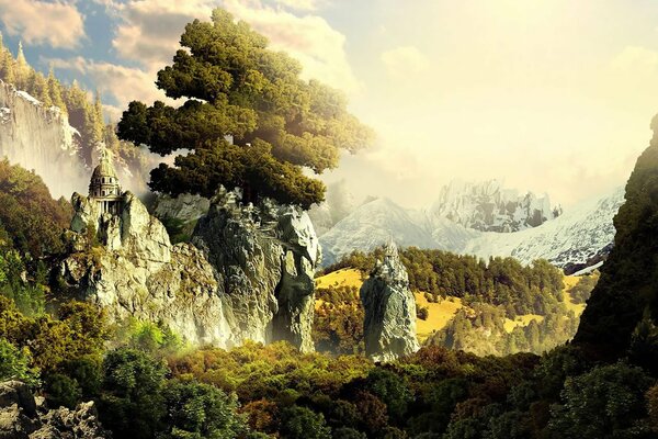 Świątynia w górach. 3D Fantasy
