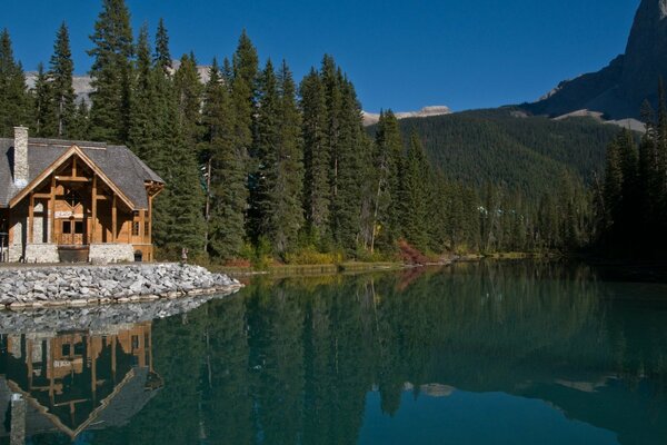 A house in the mountains on the lake shore