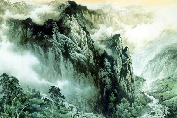 Beautiful watercolor drawing of the mountain