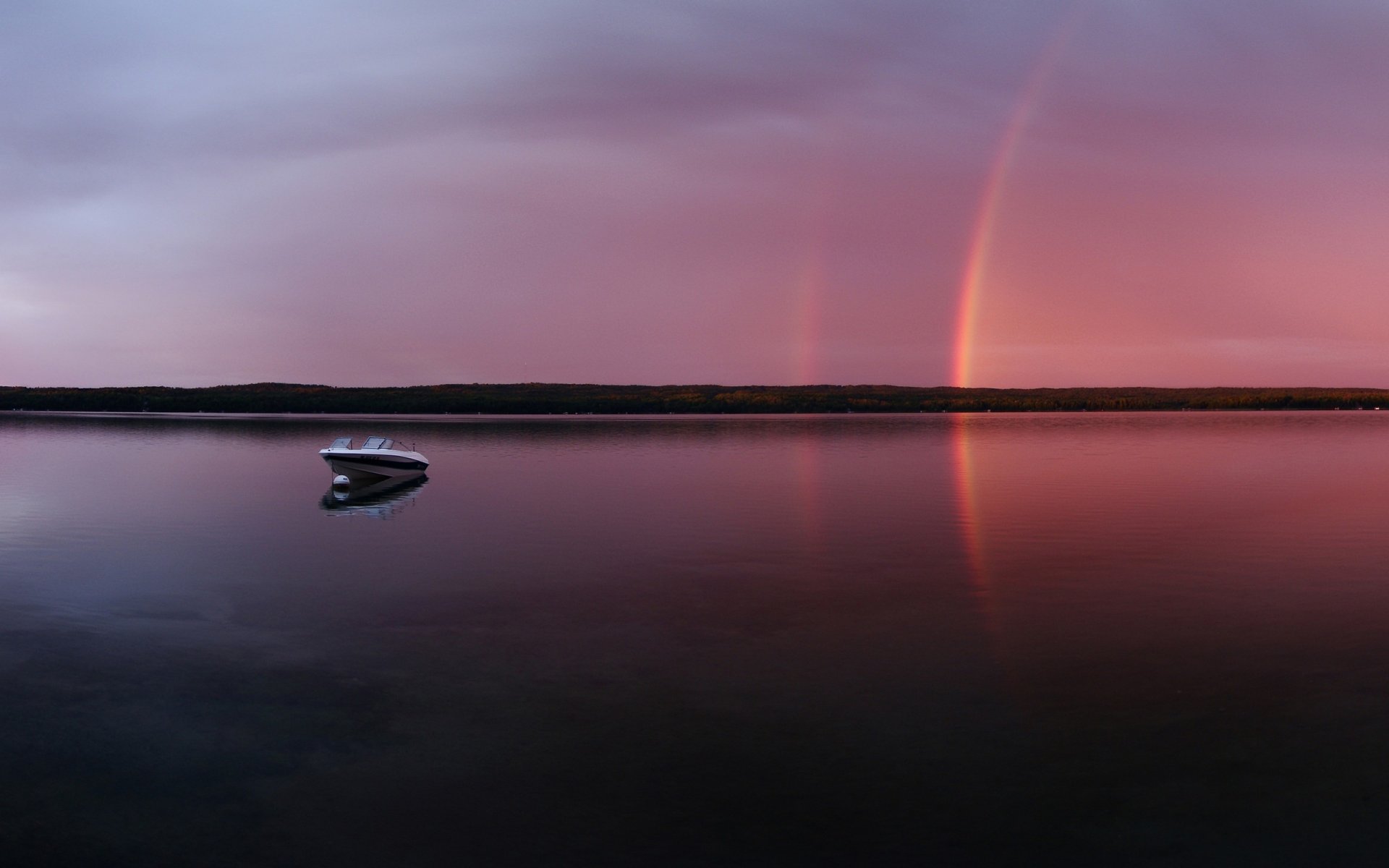 night lake boat rainbow