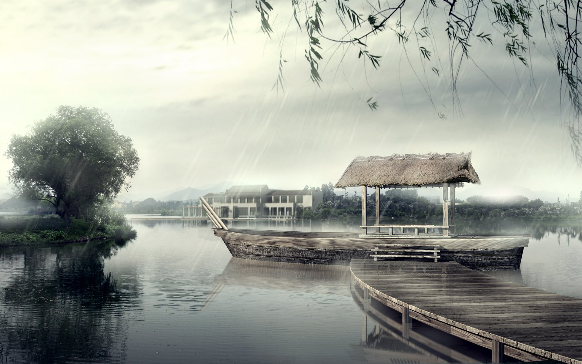 muelle río lluvia