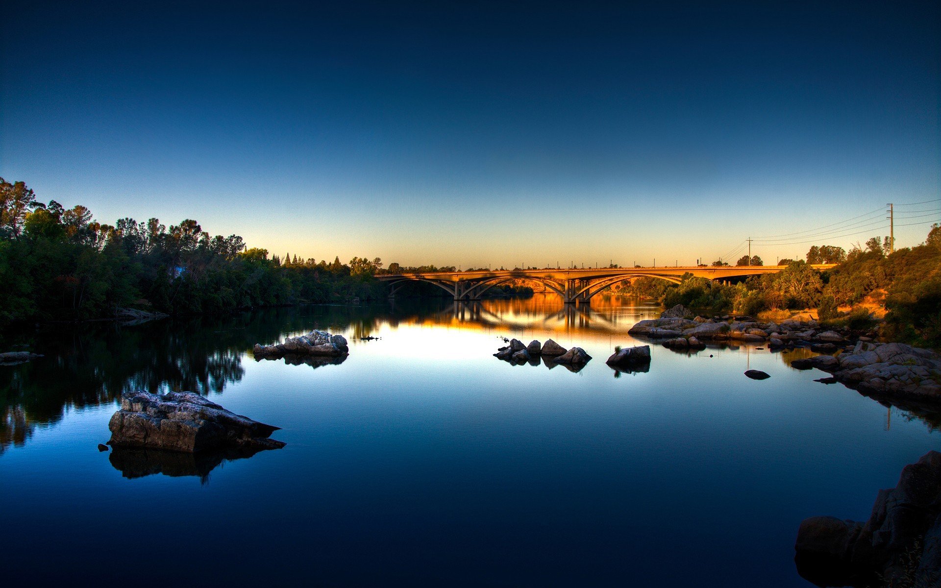 blu ponte california riflessione pietre cielo mattina fiume