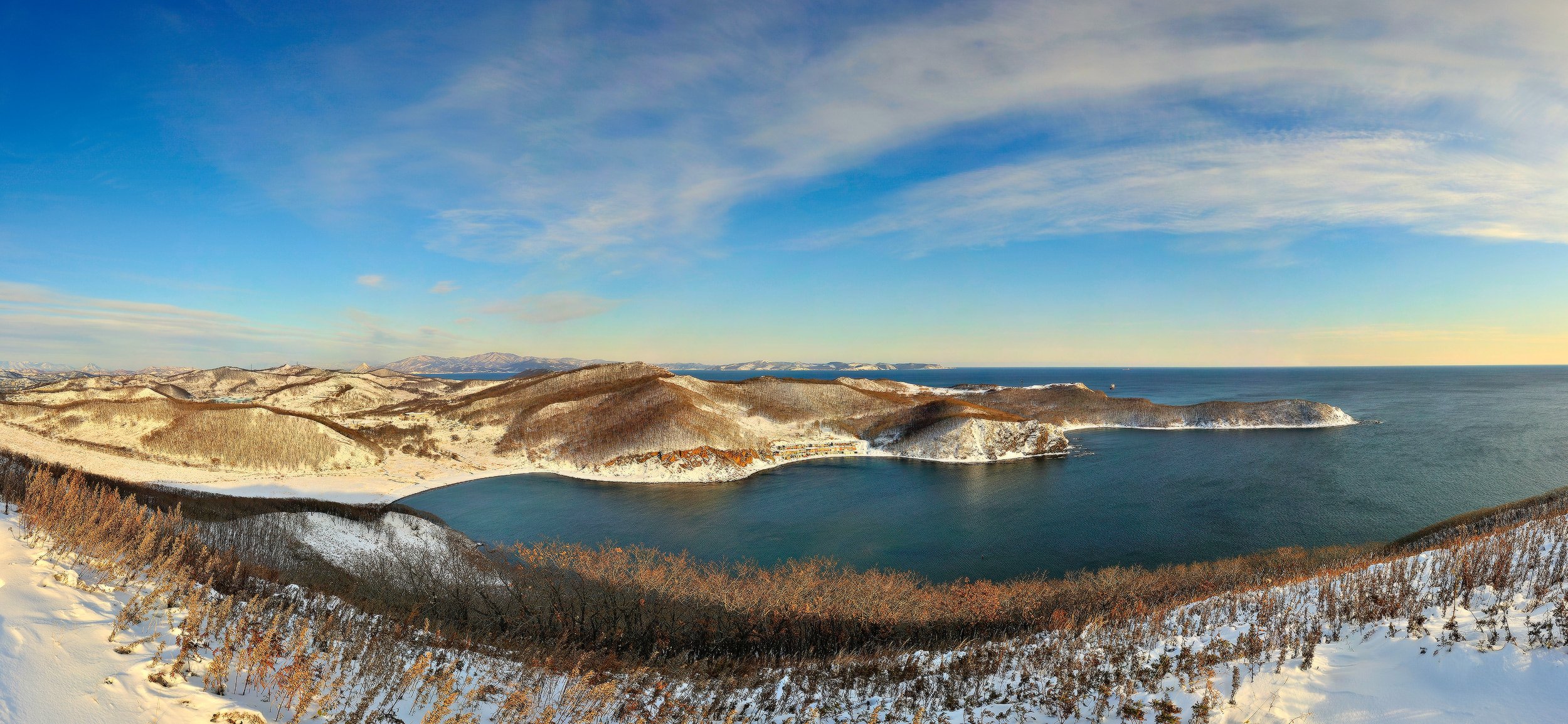 winter snow hills panorama sea