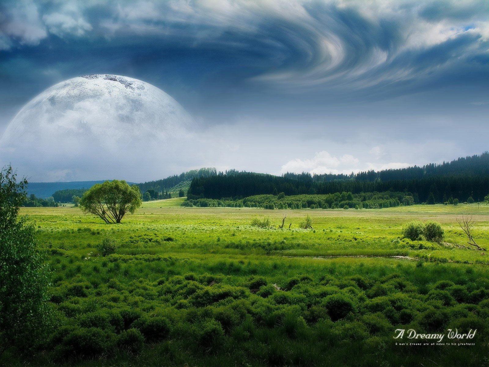 mundo de ensueño campo bosque nubes luna