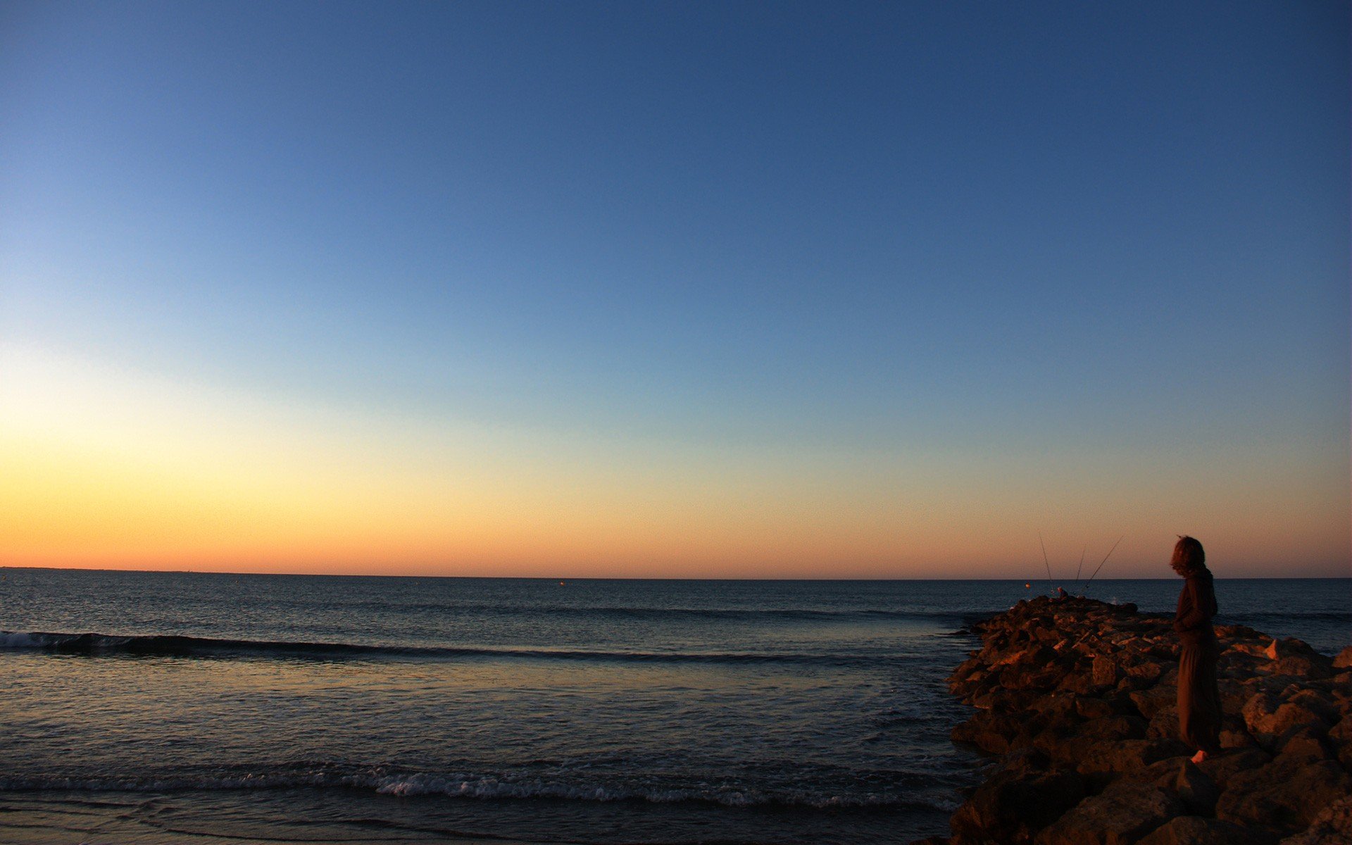 horizon sunset sky sea stone