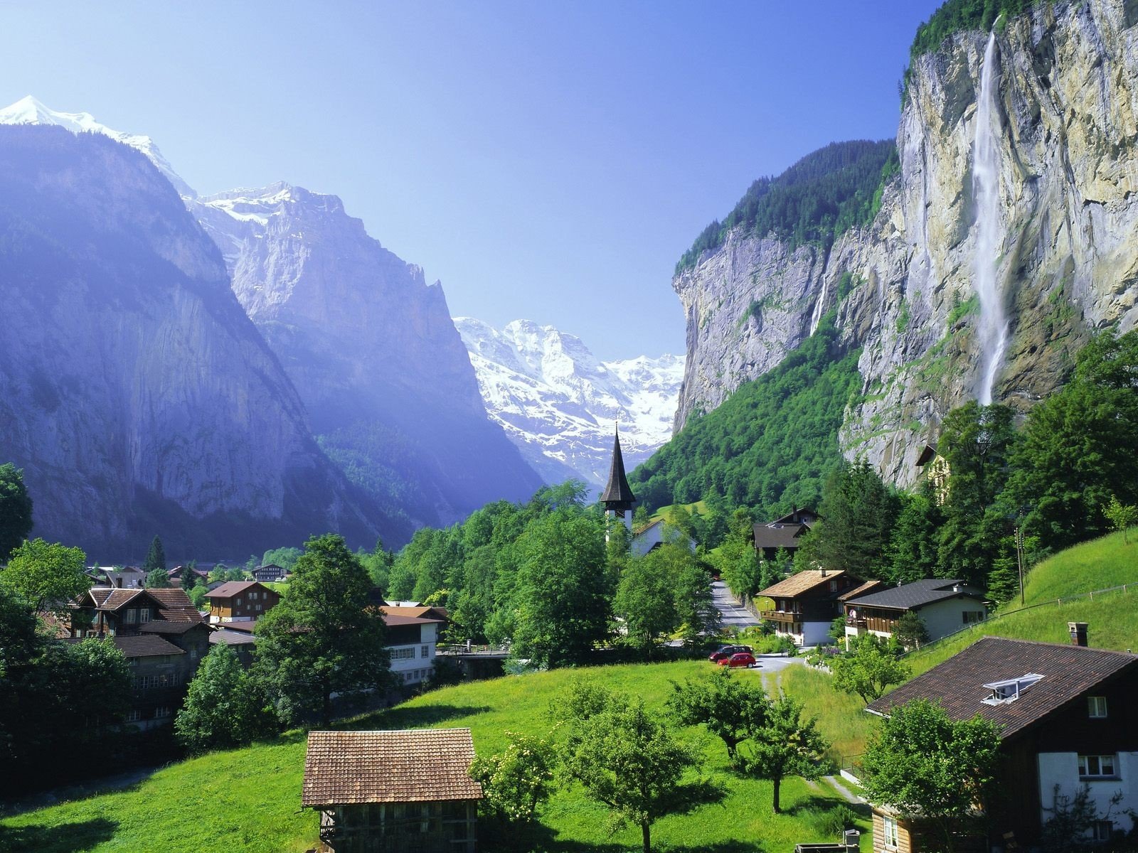 mountain waterfall town