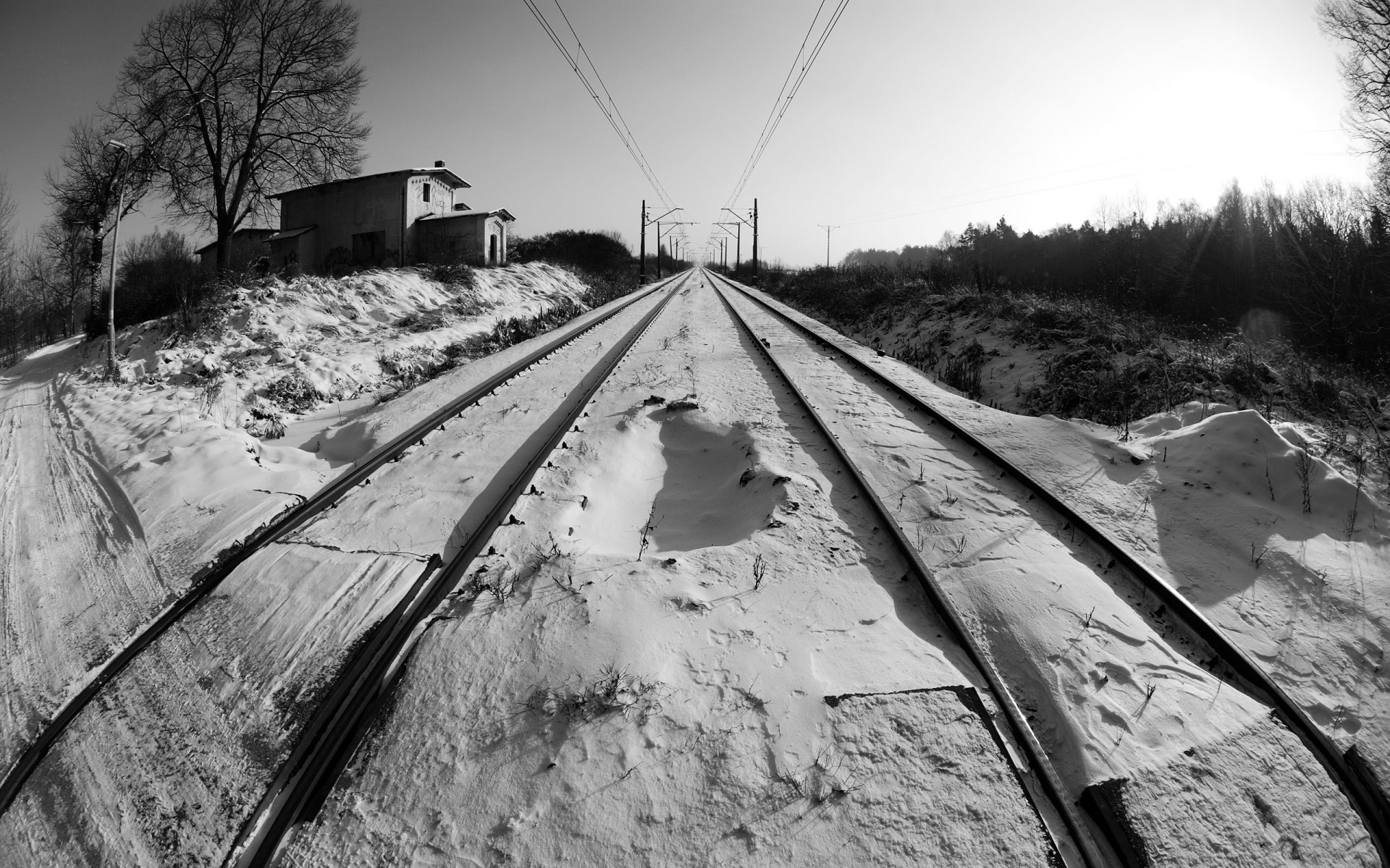 noir et blanc perspective neige hiver chemin de fer