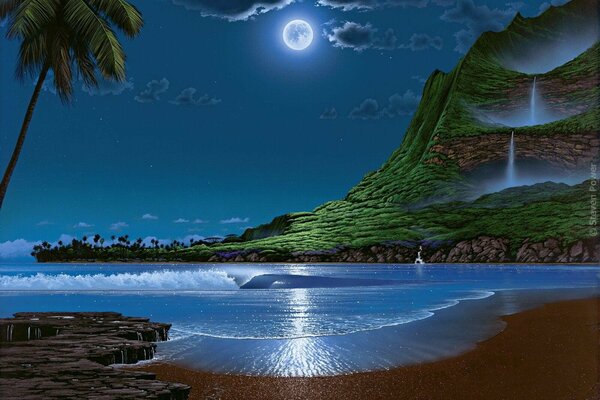Ночной остров луна и океан