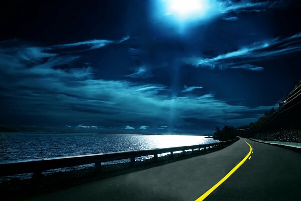 The road to the distance. Clouds in the night sky