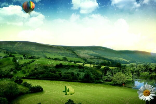 Ballon arc-en-ciel sur les collines vertes