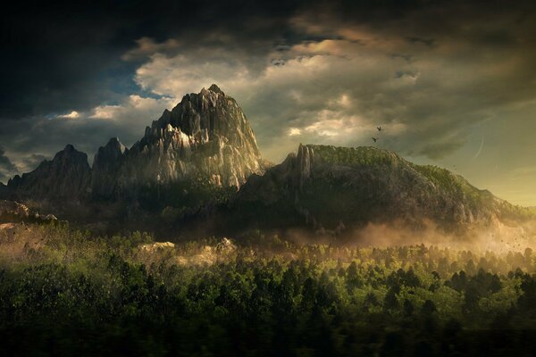 Image d une grande montagne avec une forêt dense sur fond de ciel nuageux