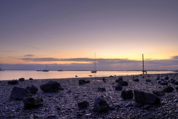 Costa rocosa. Puesta de sol vespertina