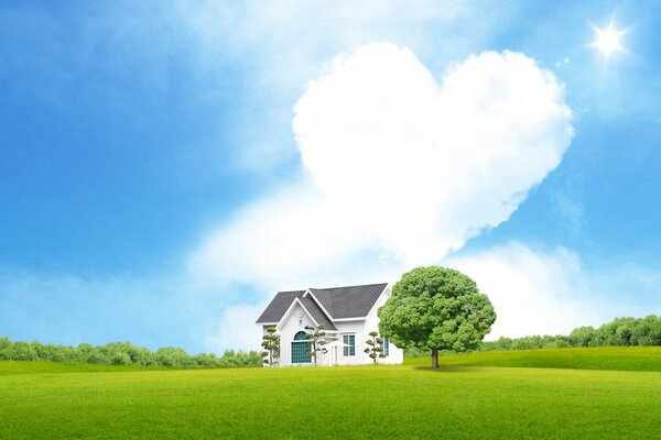 Una nuvola a forma di cuore su una casa solitaria