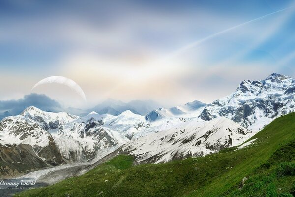 Fantastic world of mountains, snow, sky