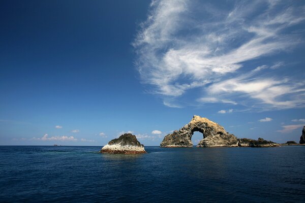 Rocks in a cool sea, clear sky