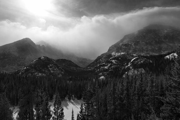 Black and white mountains and forests under clouds