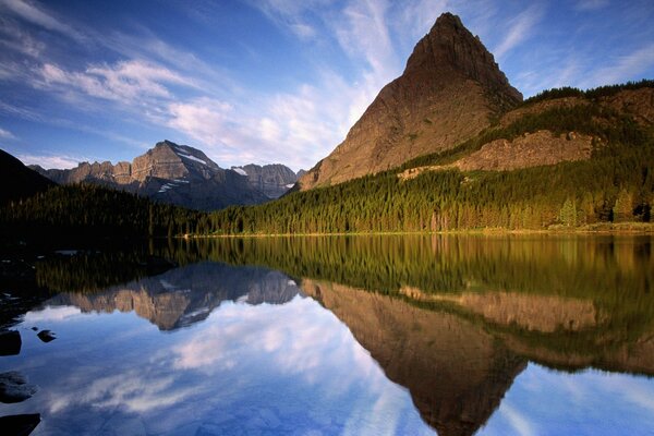 Trees and mountains reflected in the water