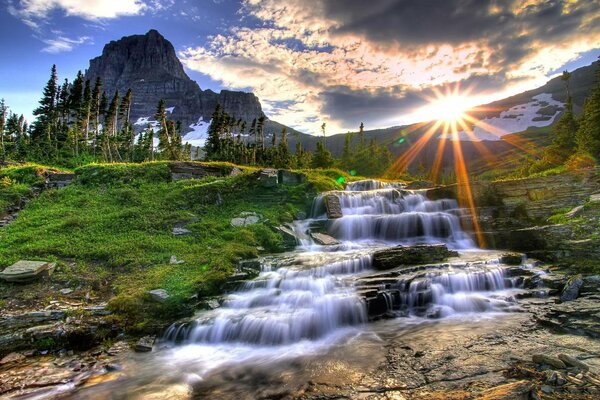 Stunning sunset among the mountains and the river