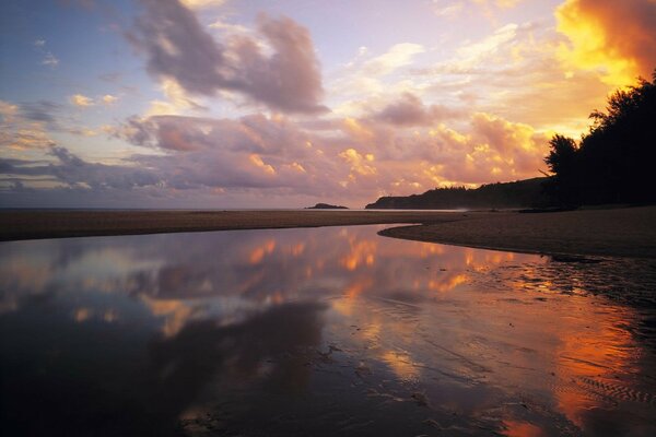 The sky at sunset is reflected in the river