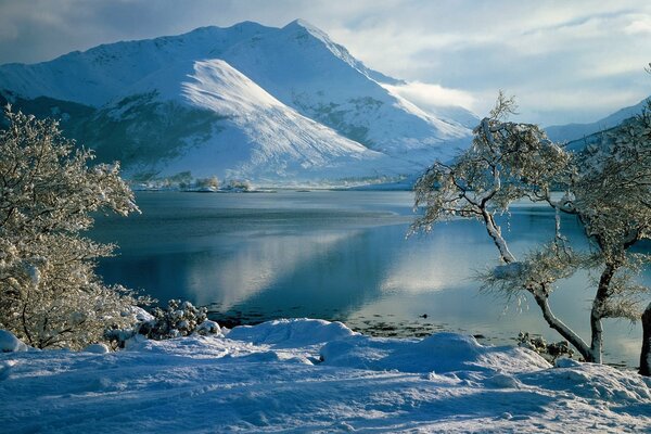 Winter Fluss, schneebedeckte Berge