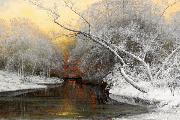 Заснеженные деревья вдоль замёрзшей реки