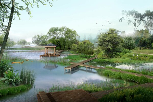 A clean pond with a bridge and a gazebo
