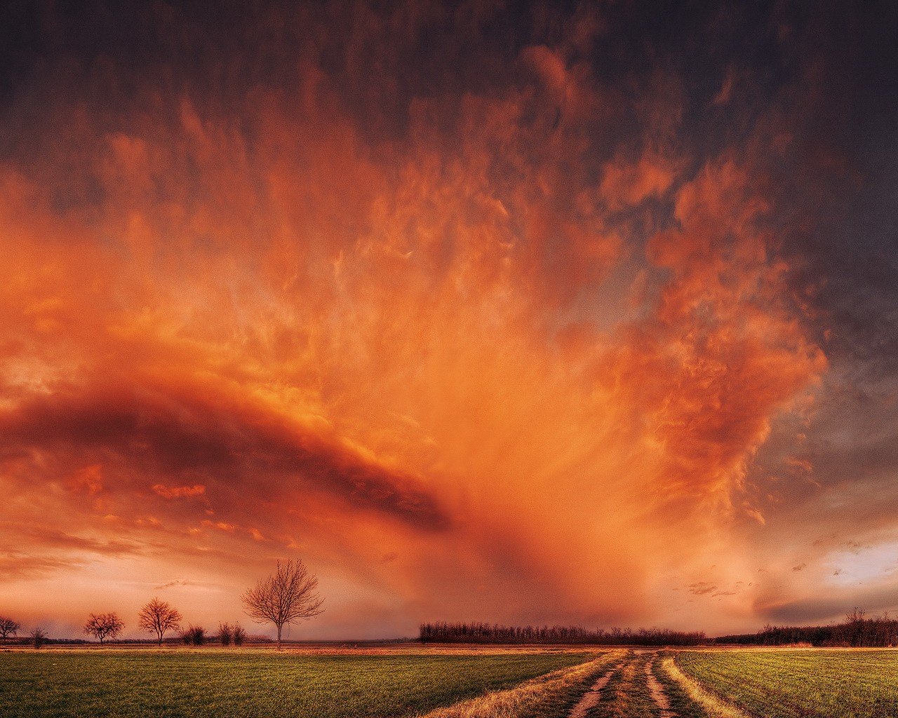 nuages ciel champ route rouge