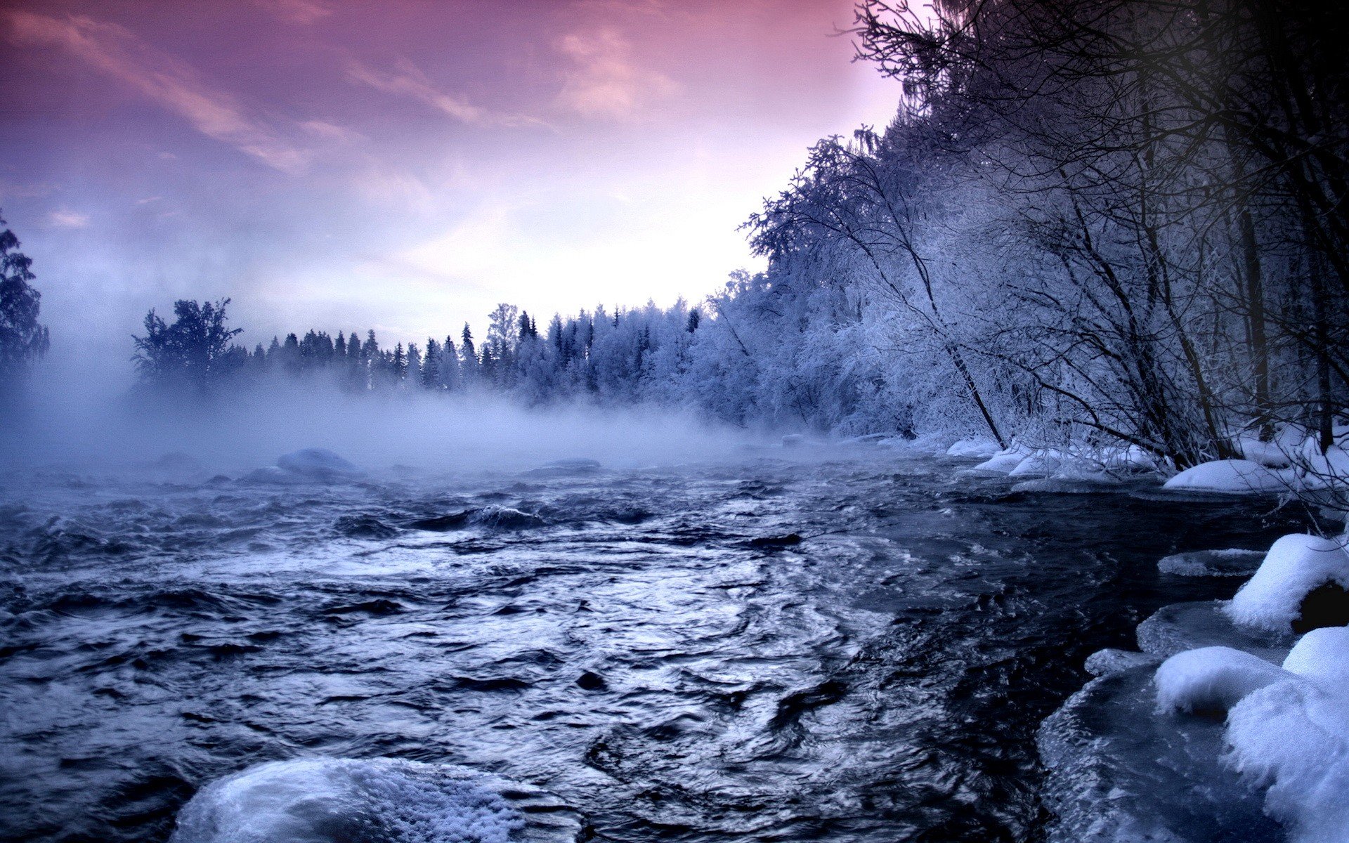 winter fluss schnee dampf